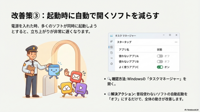 起動時に自動で開くソフトを減らす