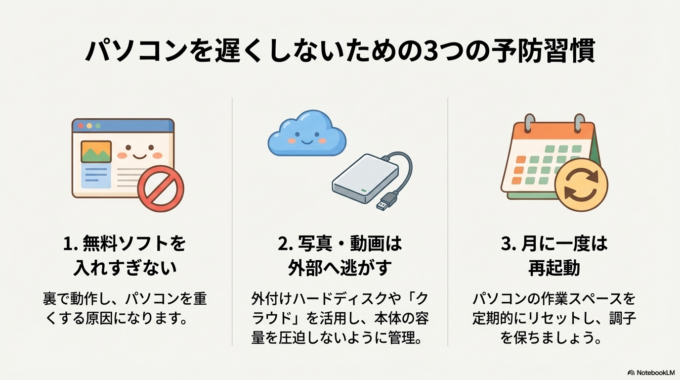 パソコンを遅くしないための予防方法