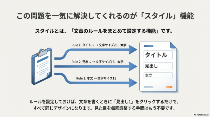この問題を一気に解決してくれるのが、スタイル機能です。