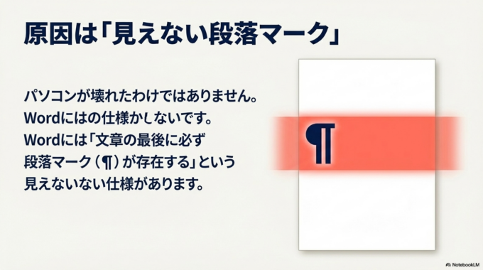 Wordで白紙ページが消えない原因の多くは、見えない改行や段落マークです。
