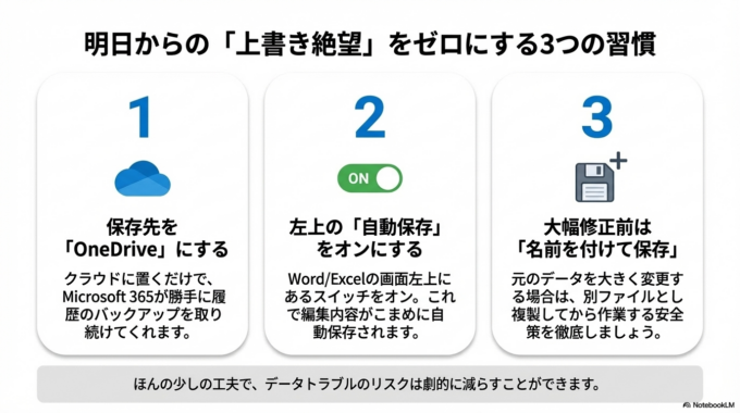 まずおすすめなのが、OneDriveに保存することです。
