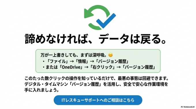 Microsoft 365で上書きしてしまった場合でも、バージョン履歴を使えば過去の状態に戻せる可能性があります。