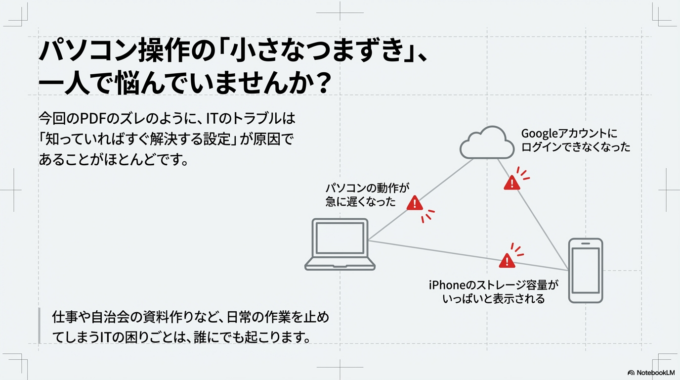 WordやPDFのトラブルは、仕事や自治会の資料作りなどで意外と多く相談があります。