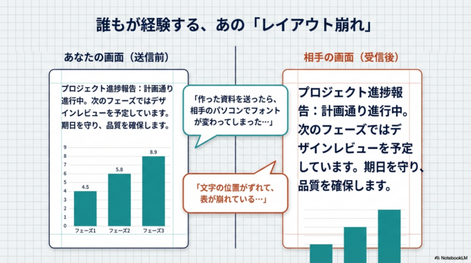 原因の多くは相手のパソコンに同じフォントが入っていないことです。