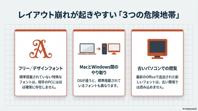 このようなトラブルを防ぐ方法が「フォント埋め込み」です。