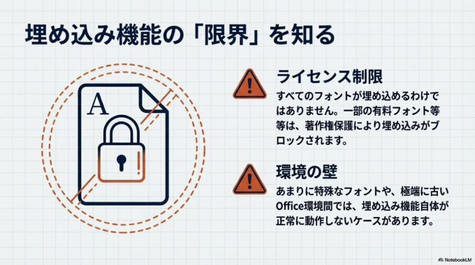 一部のフォントはライセンスの関係で埋め込みができないことがあります。