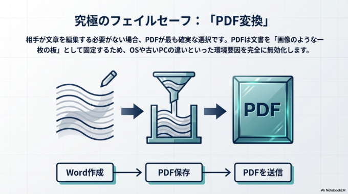 このような場合は、PDFに変換して送る方法が最も確実です。