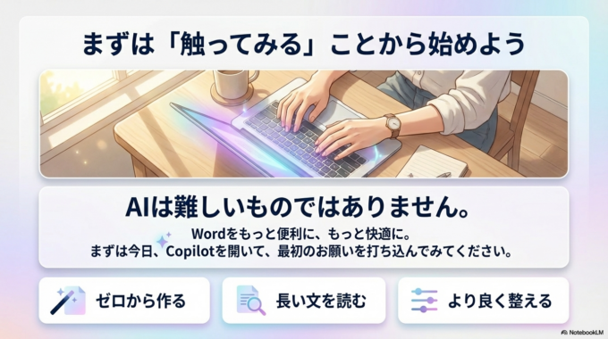 WordのAI「Copilot」は、文章作成を手伝ってくれる便利な機能です。
