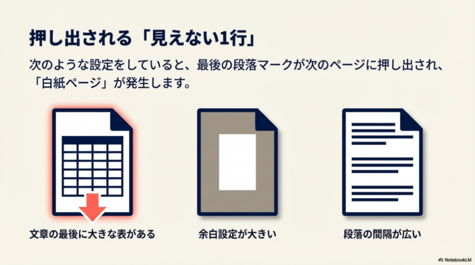 そしてこの段落マークが、次のページへ押し出されてしまうと「白紙ページ」が発生します。