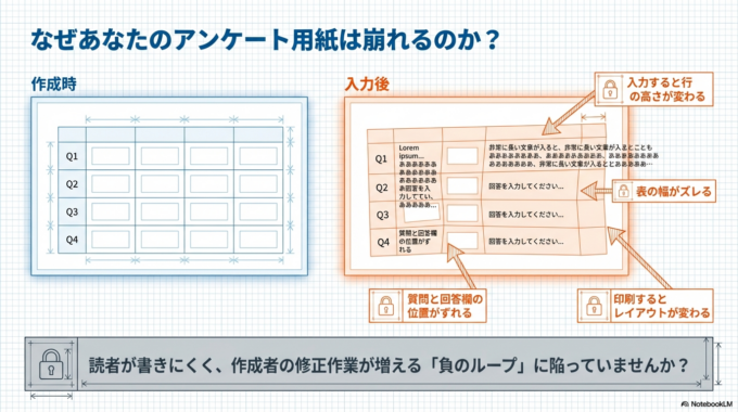 Wordは文章作成ソフトですが、ちょっとした設定をするだけで見やすくて入力しやすいアンケート用紙を作ることができます。