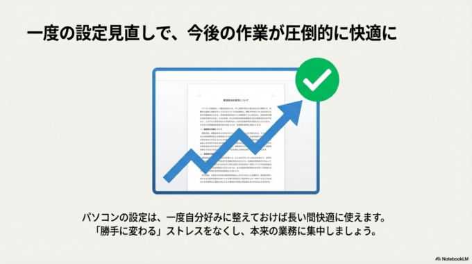 また、パソコンの設定は一度整えておくと、長い間快適に使えるようになります。