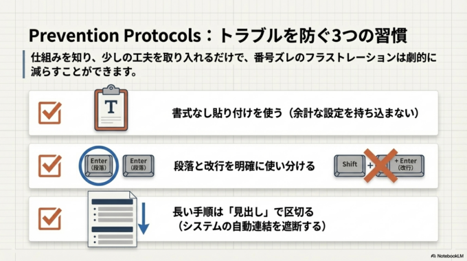 箇条書きの番号が2から始まる原因は、多くの場合「前のリストの続き」として認識されていることです。