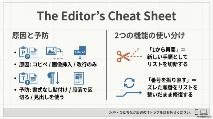 文章作成では、ちょっとした設定の違いが分かりづらいこともありますが、仕組みを知っておくだけでトラブルはぐっと減ります。