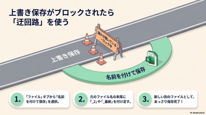 ファイル名を少し変えるだけで、あっさり保存できることもあります。