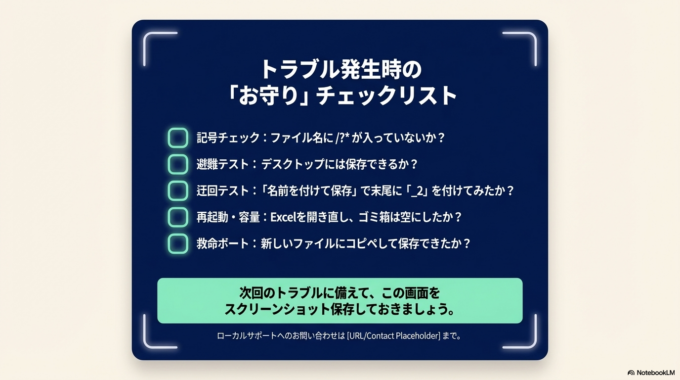 Excelで保存できない原因は、「ファイル名」「保存場所」「容量」「一時的な不具合」など、基本的なポイントを確認することで解決できることがほとんどです。