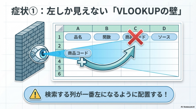 まず多いのが「検索する列の位置」です。VLOOKUPは、左端の列からしか検索できません。例えば、商品コードを右側に置いていると、うまく探せない仕組みです。