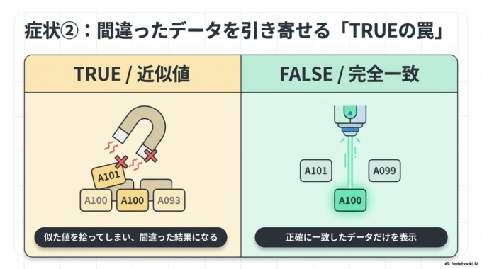 次に、「完全一致になっていない」ケースです。最後の設定が「TRUE」になっていると、似た値を拾ってしまい、間違った結果になることがあります。