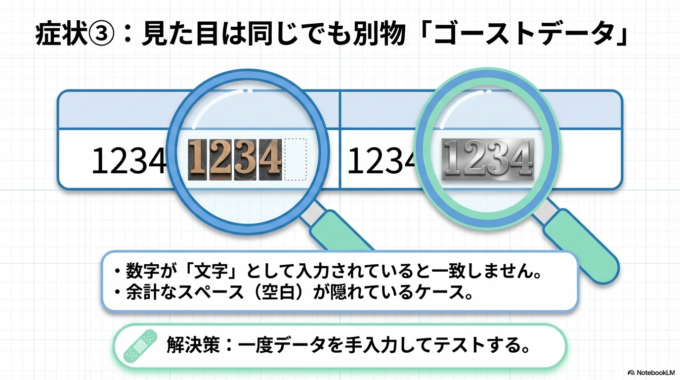 さらに、「数字と文字のズレ」も見落としがちです。見た目は同じでも、片方が文字として入力されていると一致しません。