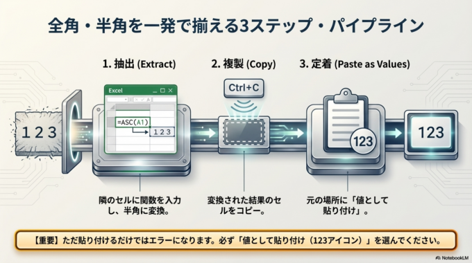 一発で揃える方法です。ここでは関数を使う方法がもっとも簡単です。