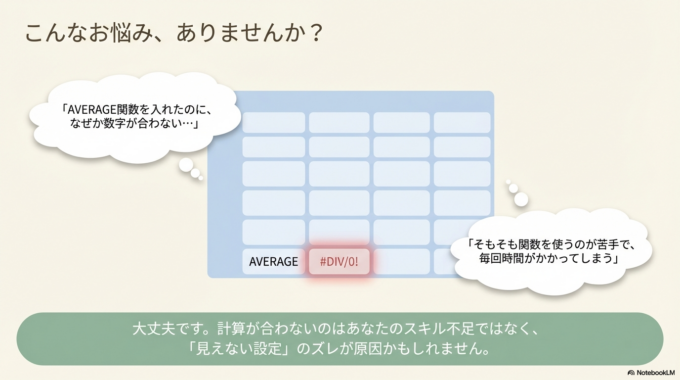 こうしたお悩みはとてもよくあります。特にExcelに慣れていないと、数式の入力ミスや範囲指定のズレで結果が正しく出ないことも少なくありません。