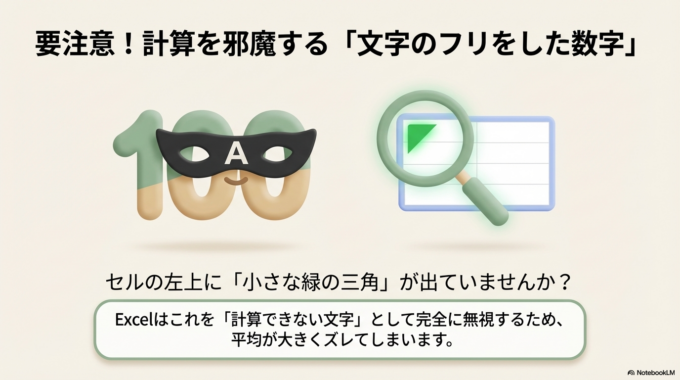 セルの左上に小さな緑の三角が出ている場合は要注意です。