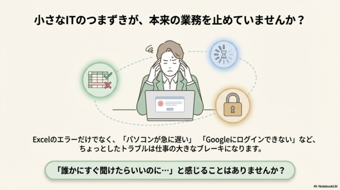 Excelのトラブルは、ちょっとしたことでも仕事に大きく影響します。「誰かにすぐ聞けたらいいのに」と感じる場面も多いのではないでしょうか。