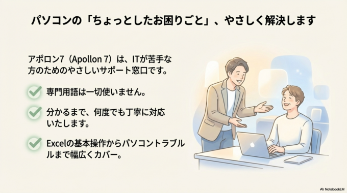 アポロン7では、パソコンやExcelのちょっとしたお困りごとにも、やさしく丁寧に対応しています。専門用語を使わず、分かるまでしっかりサポートしますので、ITが苦手な方でも安心です。