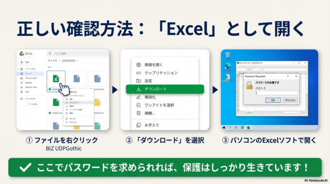 Excel本来の機能であるパスワード保護は引き継がれません。