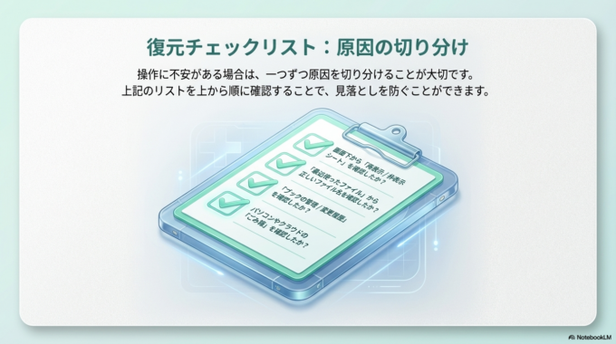 また、会社のパソコンの場合は、社内のバックアップシステムが動いていることもあるので、一度確認してみるとよいでしょう。