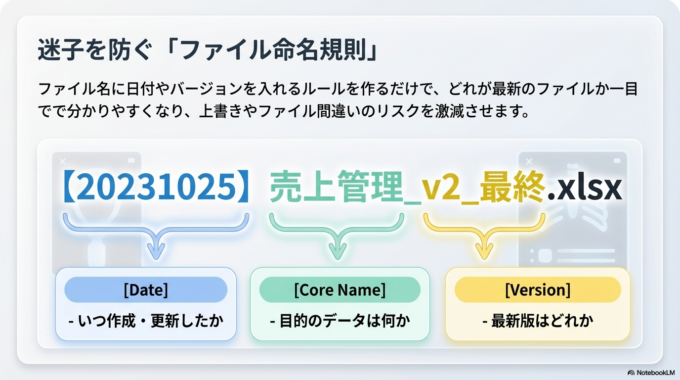 また、ファイル名に日付やバージョンを入れておくと、どれが最新か分かりやすくなります。