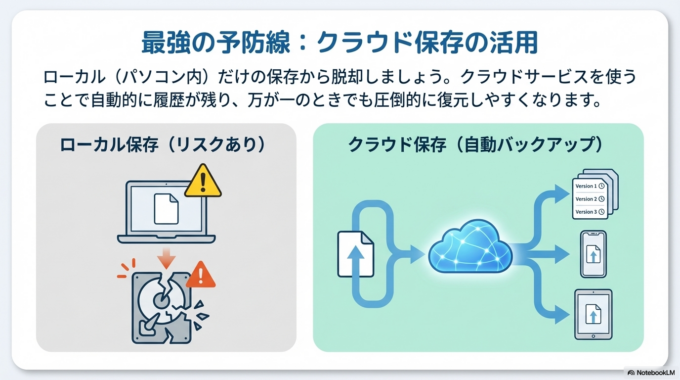 さらに、クラウドサービスを使うことで自動的に履歴が残るため、万が一のときでも復元しやすくなります。