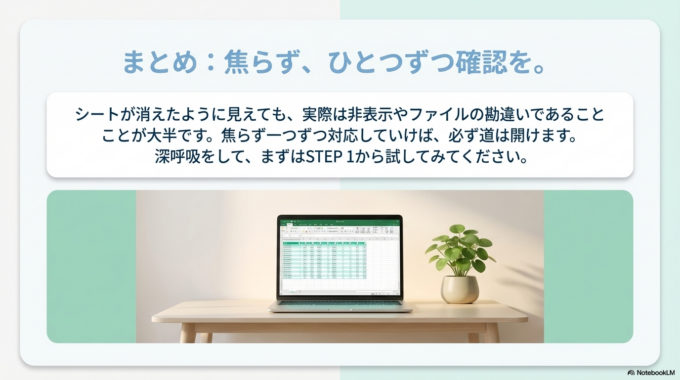 シートが消えたように見えても、実際は非表示やファイルの勘違いであることが多いです。