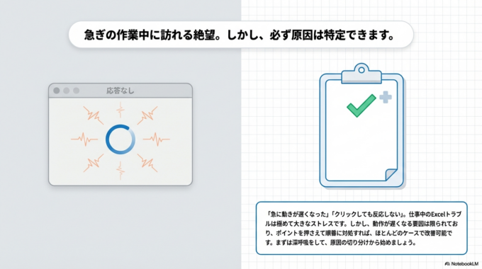 実はExcelが重くなる原因はいくつかあり、ポイントを押さえて対処すれば改善できるケースがほとんどです。