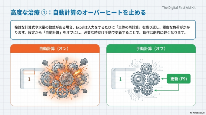 次に「数式の多用」も原因になります。特に複雑な計算式や、大量のセルに同じ計算を入れている場合、Excelは常に計算を繰り返しているため負荷がかかります。