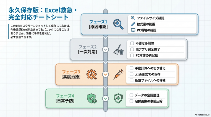 Excelが重い・動かないときは、まず原因を落ち着いて確認することが大切です。ファイル容量や不要データ、パソコンの状態を見直すだけでも改善するケースは多くあります。