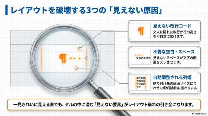 こうした違いが重なることで、「コピーしただけなのに表が崩れる」という現象が起きるのです。