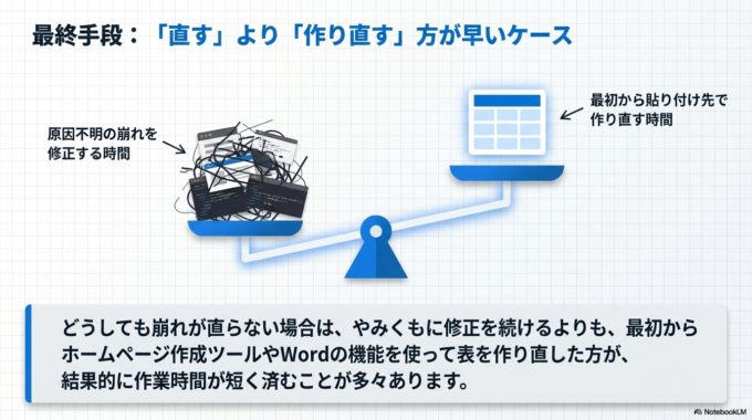 どうしても難しい場合は、最初から貼り付け先のツールで表を作り直した方が、結果的に早いこともあります。