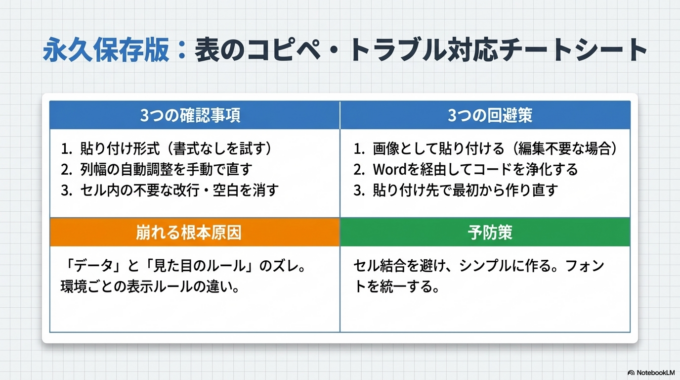 表が崩れる原因は、ソフトごとの違いや見えない書式の影響によるものがほとんどです。