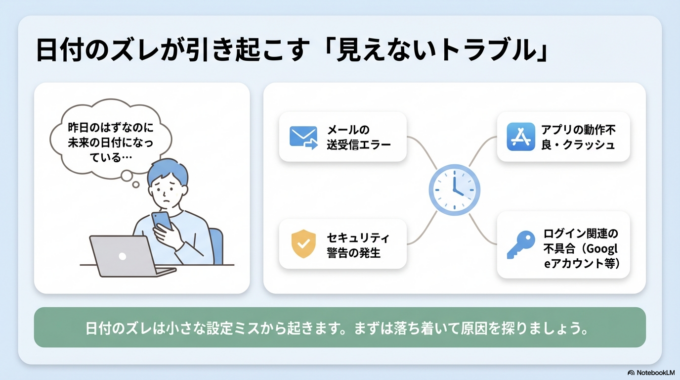 「気づいたら日付がズレている」「昨日のはずなのに未来の日付になっている」そんなトラブルに困ったことはありませんか？
