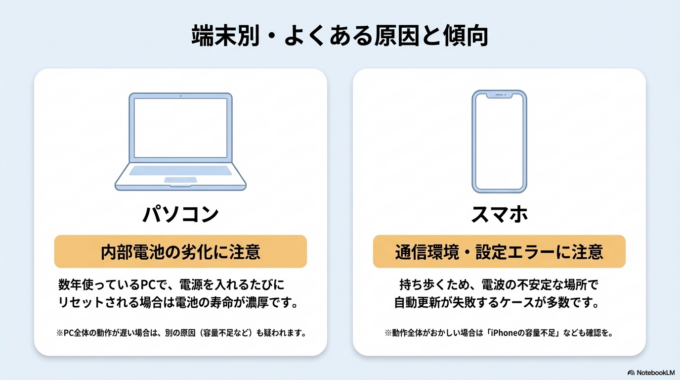 スマホでは、通信環境が不安定な場所で自動設定がうまく更新されないケースもあります。
