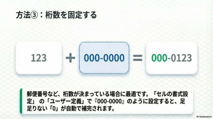 方法③：ユーザー定義で桁数を固定する