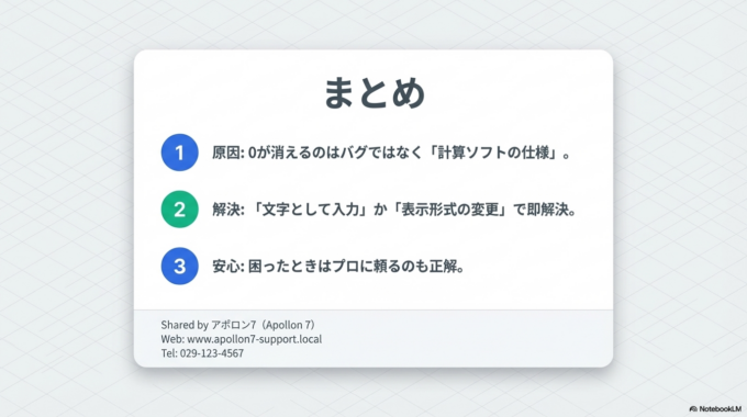 Excelで0が消える原因は、数値として自動処理される仕様によるものです。