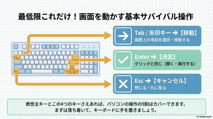 さらに、Tabキーや矢印キーを使えば、画面上の移動も可能です。Enterキーで決定、Escキーでキャンセルと覚えておくだけでも、かなり操作が楽になります。