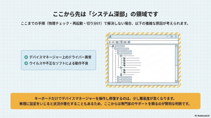 ここまで試しても改善しない場合は、パソコン内部の設定やドライバーに問題がある可能性があります。