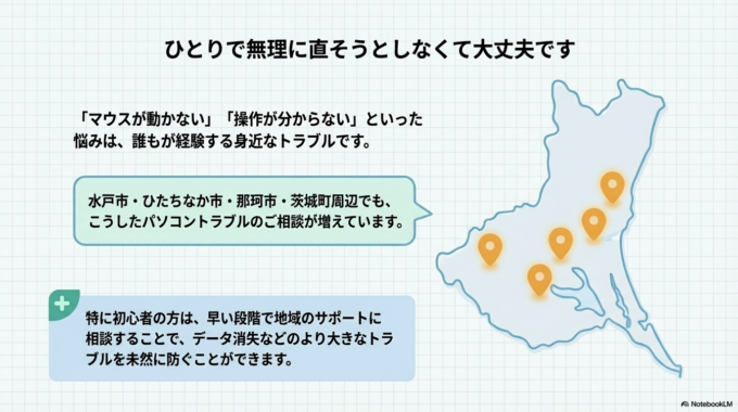 水戸市・ひたちなか市・那珂市・茨城町周辺でも、こうしたパソコントラブルのご相談は増えています。自分で解決できない場合は、無理をせず地域のサポートを活用するのも安心です。