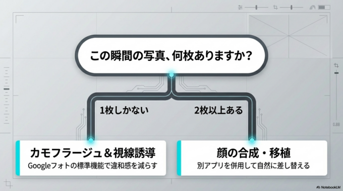 また、スマホ撮影では連写していないケースも多く、1枚しか残っていないことが失敗につながります。