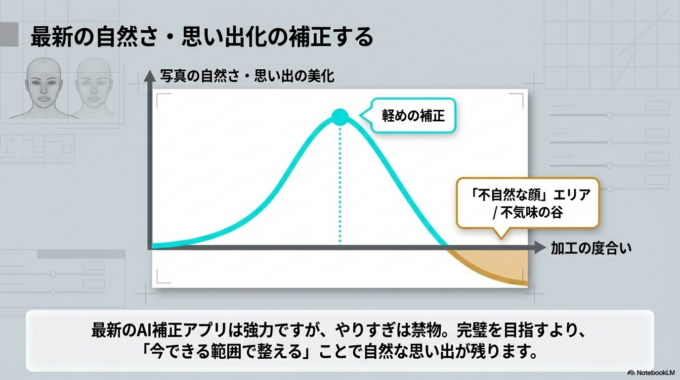 ただし、やりすぎると「不自然な顔」になりやすいので、あくまで軽めの補正に留めるのがポイントです。