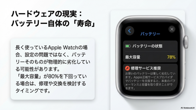 また、長く使っているApple Watchの場合は、バッテリー自体が劣化している可能性もあります。この場合は修理や交換を検討するタイミングです。