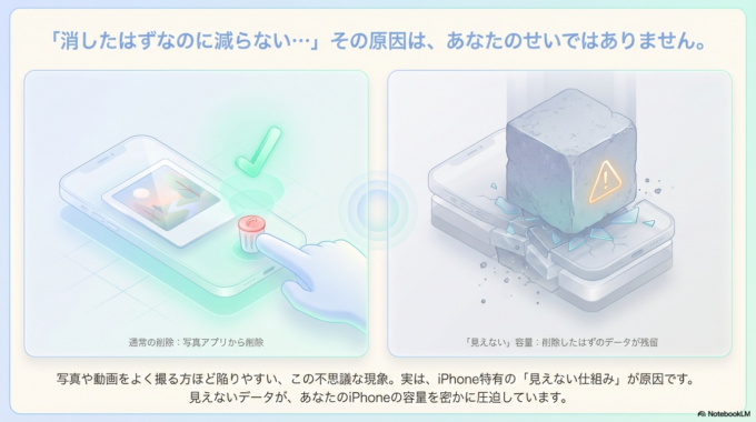 こうしたiPhoneの容量トラブルは、とてもよくある悩みです。特に写真や動画をよく撮る方ほど、「消しているのに減らない」という不思議な状態に戸惑いますよね。