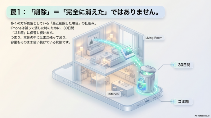 実は、iPhoneの写真は「削除しただけ」では完全には消えていません。